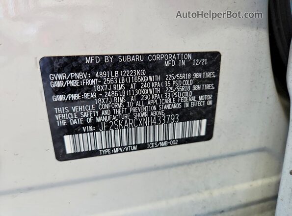 JF2SKARCXNH433793 2022 SUBARU FORESTER White 