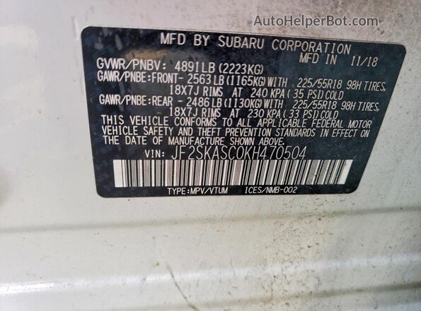 JF2SKASC0KH470504 2019 SUBARU FORESTER White VIN կոդի պիտակի տեսք