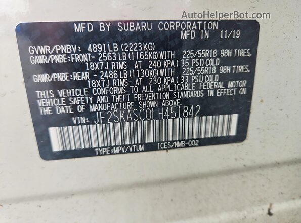 JF2SKASC0LH451842 2020 SUBARU FORESTER Белый Вид наклейки с VIN-кодом