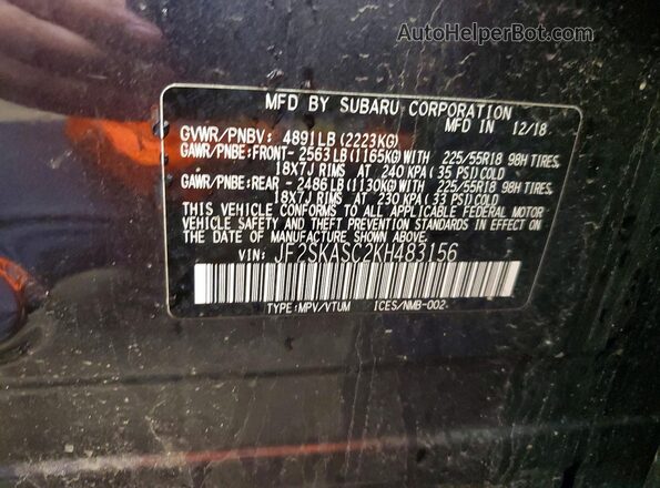 JF2SKASC2KH483156 2019 SUBARU FORESTER Gray Vista de la etiqueta del VIN