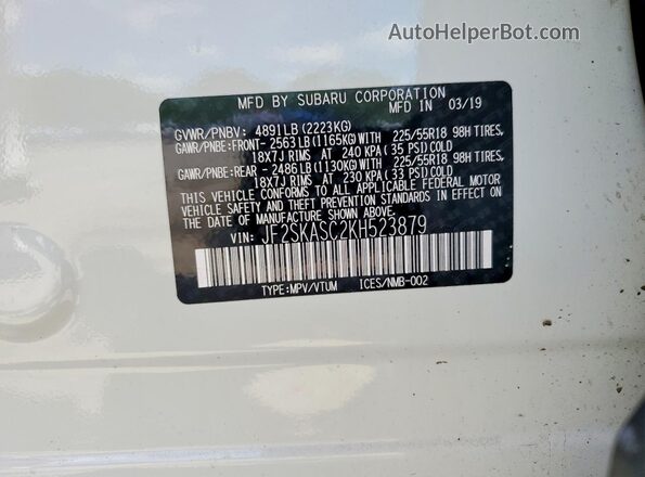 JF2SKASC2KH523879 2019 SUBARU FORESTER White VIN sticker view