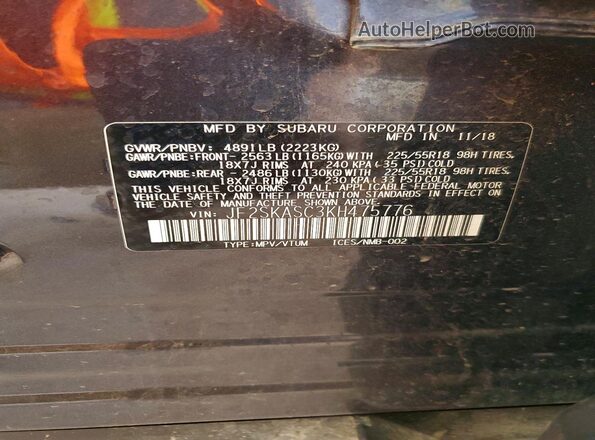 JF2SKASC3KH475776 2019 SUBARU FORESTER Charcoal Widok naklejki z numerem VIN