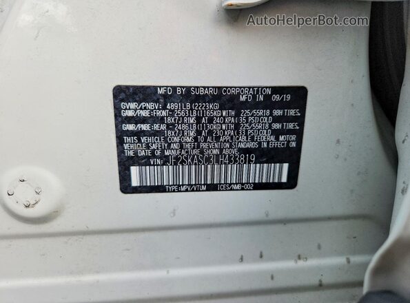 JF2SKASC3LH433819 2020 SUBARU FORESTER White VIN კოდის სტიკერის ხედი