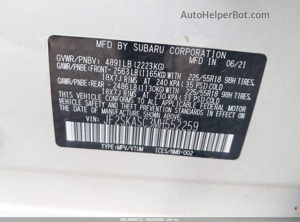 JF2SKASC3MH552259 2021 SUBARU FORESTER White Widok komory silnika