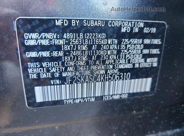 JF2SKASC4KH506310 2019 SUBARU FORESTER Charcoal VIN sticker view