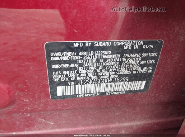 JF2SKASC4KH516299 2019 SUBARU FORESTER Red Շարժիչի բաժամունքի տեսք