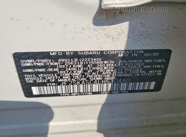 JF2SKASC4LH530480 2020 SUBARU FORESTER White VIN sticker view