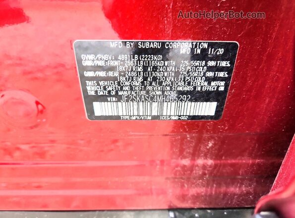 JF2SKASC4MH465292 2021 SUBARU FORESTER Red Vista interior de 360 grados