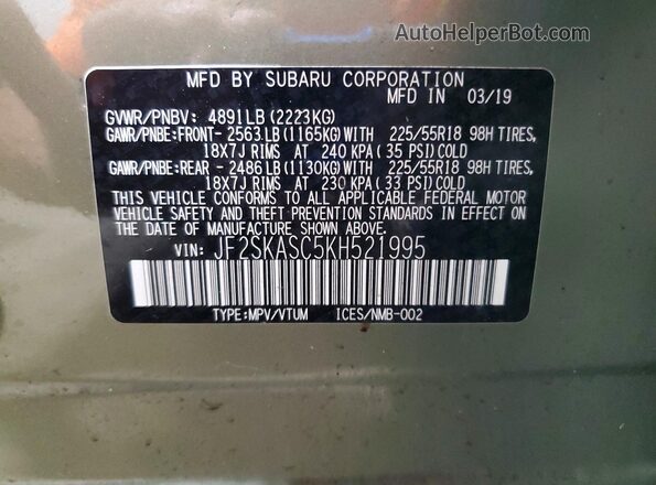 JF2SKASC5KH521995 2019 SUBARU FORESTER Green VIN կոդի պիտակի տեսք