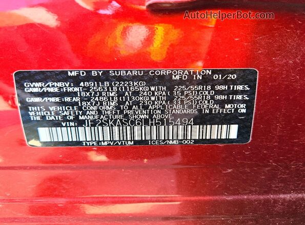 JF2SKASC6LH515494 2020 SUBARU FORESTER Red ძრავის განყოფილების ხედი