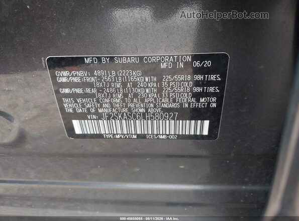 JF2SKASC6LH580927 2020 SUBARU FORESTER Gray Շարժիչի բաժամունքի տեսք