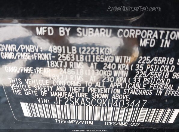 JF2SKASC9KH403447 2019 SUBARU FORESTER Black Շարժիչի բաժամունքի տեսք