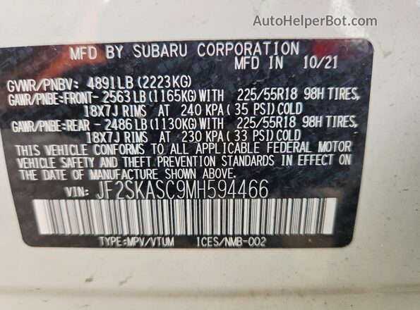 JF2SKASC9MH594466 2021 SUBARU FORESTER White Widok wnętrza 360 stopni