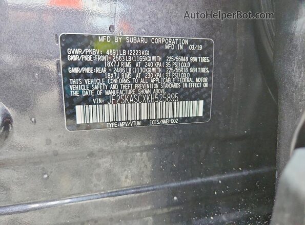 JF2SKASCXKH525895 2019 SUBARU FORESTER Gray VIN კოდის სტიკერის ხედი
