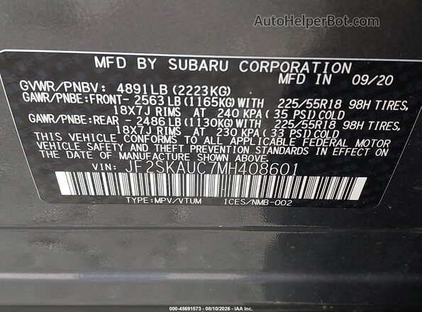 JF2SKAUC7MH408601 2021 SUBARU FORESTER Серый 