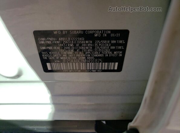 JF2SKAUC8MH491875 2021 SUBARU FORESTER White VIN კოდის სტიკერის ხედი