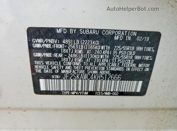 JF2SKAWC4KH512666 2019 SUBARU FORESTER White VIN կոդի պիտակի տեսք
