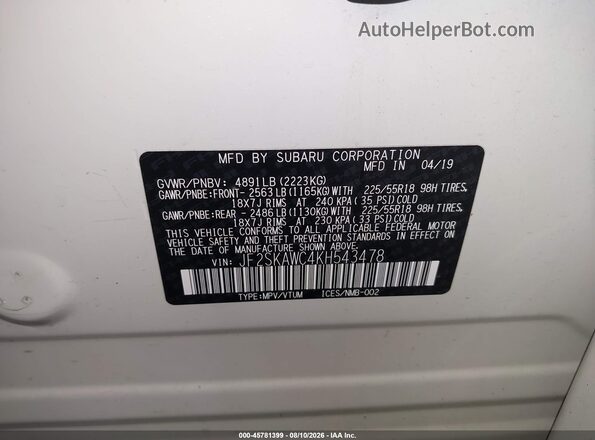 JF2SKAWC4KH543478 2019 SUBARU FORESTER Белый Вид подкапотного пространства