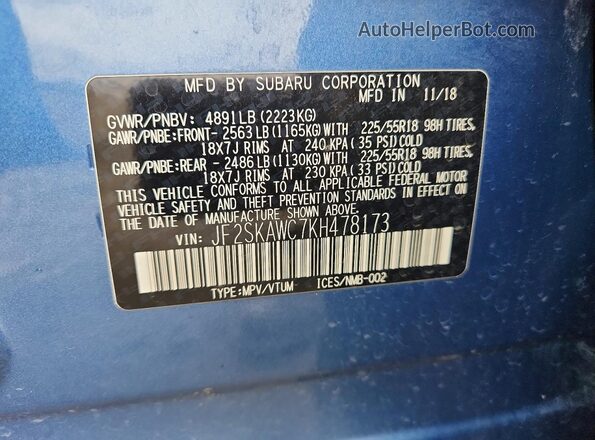 JF2SKAWC7KH478173 2019 SUBARU FORESTER Blue Widok wnętrza 360 stopni