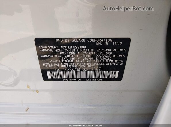 JF2SKAWC8KH475671 2019 SUBARU FORESTER Белый Вид подкапотного пространства