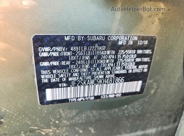 JF2SKAWC9KH481866 2019 SUBARU FORESTER Green Vista del compartimento del motor