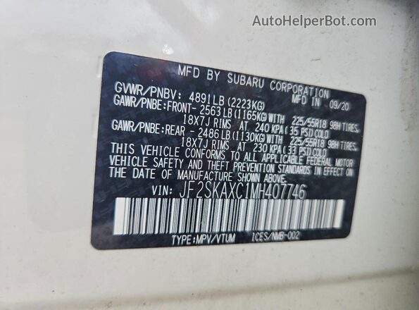JF2SKAXC1MH407746 2021 SUBARU FORESTER White Вид наклейки з VIN-кодом