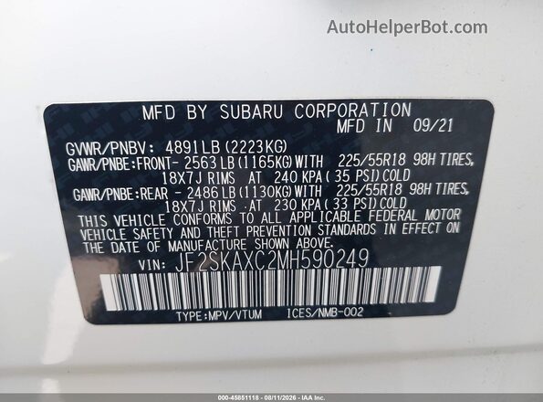 JF2SKAXC2MH590249 2021 SUBARU FORESTER White Widok komory silnika