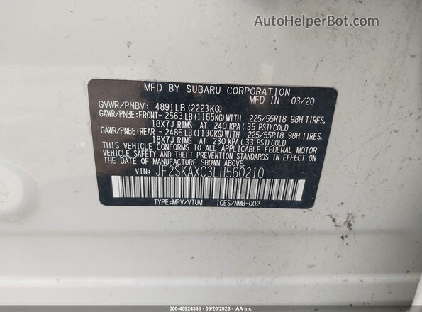 JF2SKAXC3LH560210 2020 SUBARU FORESTER White Widok komory silnika