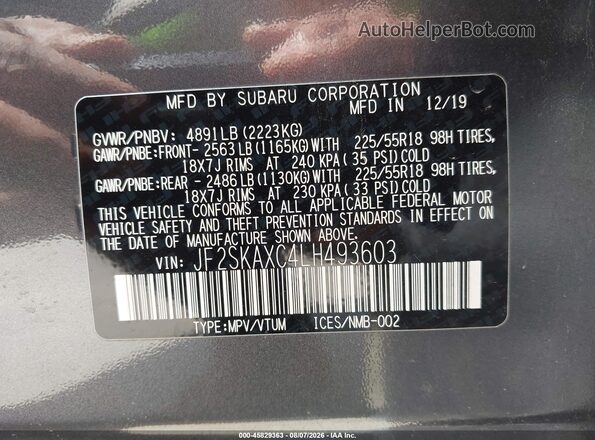JF2SKAXC4LH493603 2020 SUBARU FORESTER Gray Widok komory silnika