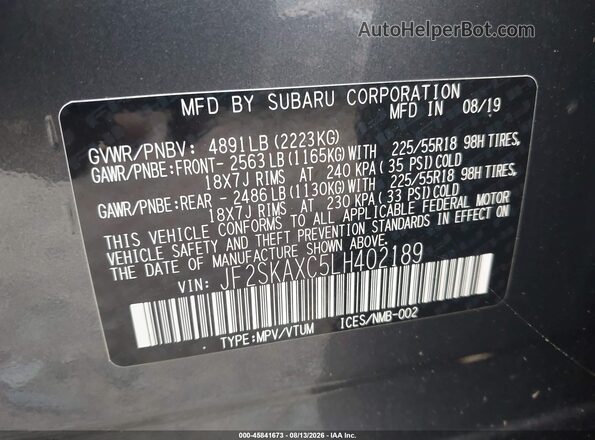 JF2SKAXC5LH402189 2020 SUBARU FORESTER Gray Vista del compartimento del motor