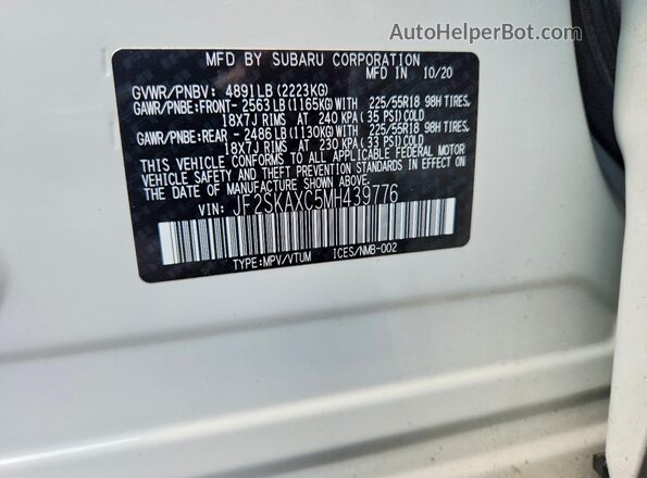JF2SKAXC5MH439776 2021 SUBARU FORESTER White VIN კოდის სტიკერის ხედი