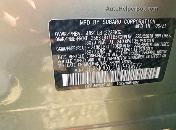 JF2SKAXC6MH560672 2021 SUBARU FORESTER Green Vista interior de 360 grados