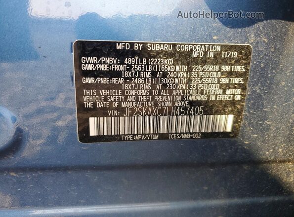 JF2SKAXC7LH457405 2020 SUBARU FORESTER Blue Engine compartment view
