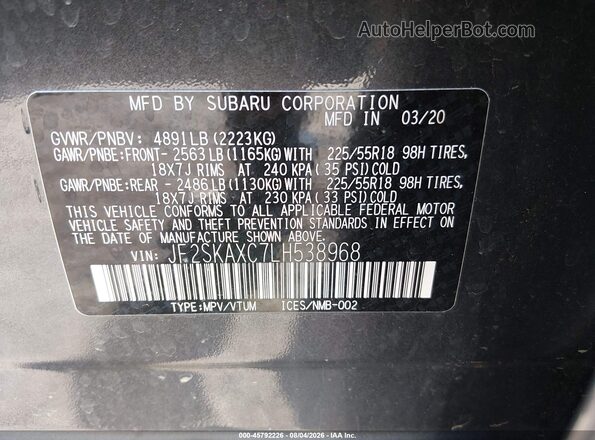 JF2SKAXC7LH538968 2020 SUBARU FORESTER Gray Engine compartment view