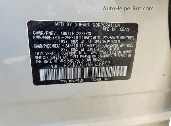 JF2SKAXC7MH546697 2021 SUBARU FORESTER White Widok naklejki z numerem VIN