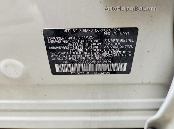 JF2SKAXC8MH575609 2021 SUBARU FORESTER Белый Вид наклейки с VIN-кодом