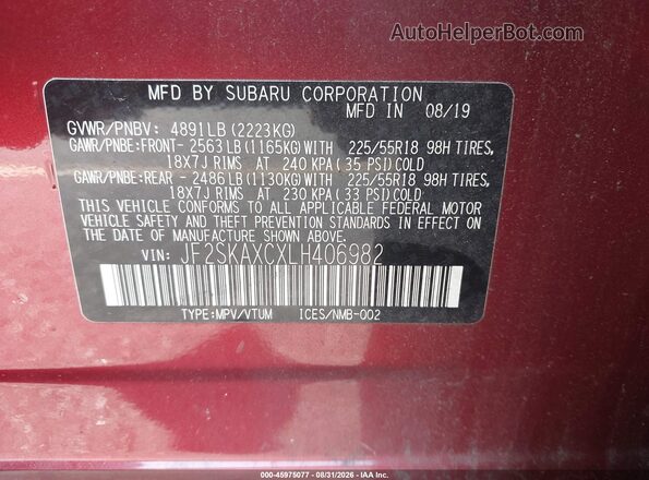 JF2SKAXCXLH406982 2020 SUBARU FORESTER Burgundy Vista del compartimento del motor
