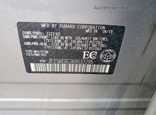 JF2SKEGC2KH537295 2019 SUBARU FORESTER Silver Vista de la etiqueta del VIN