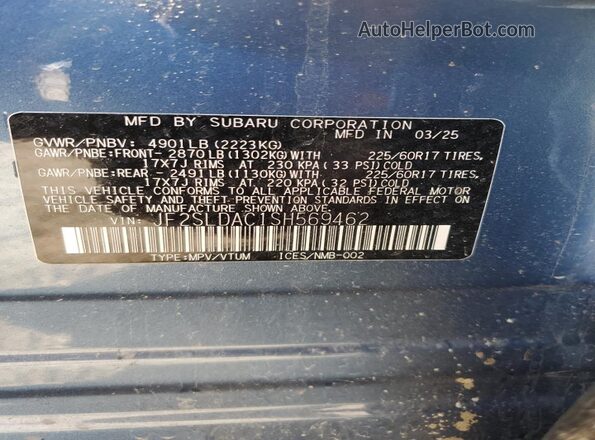 JF2SLDAC1SH569462 2025 SUBARU FORESTER Blue Vista de la etiqueta del VIN