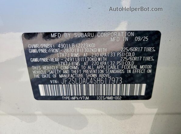 JF2SLDAC4SH617973 2025 SUBARU FORESTER White Սալոնի 360 աստիճան տեսք