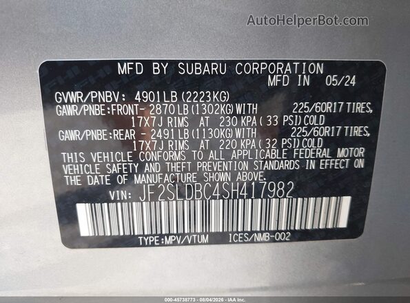 JF2SLDBC4SH417982 2025 SUBARU FORESTER Silver Engine compartment view