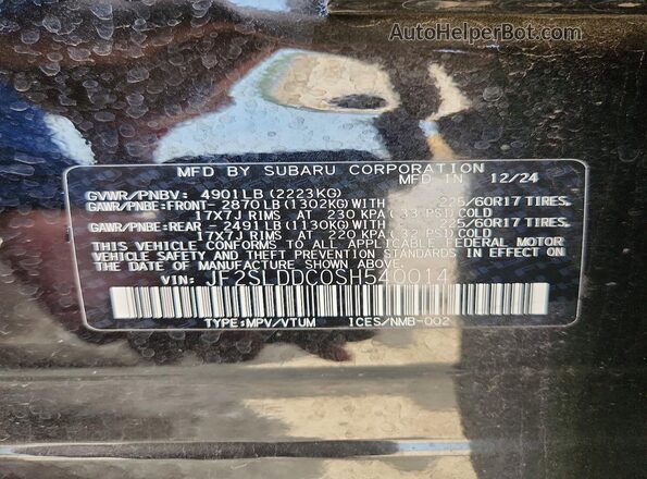 JF2SLDDC0SH540014 2025 SUBARU FORESTER Black Вид наклейки з VIN-кодом