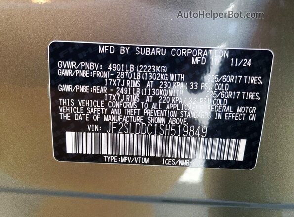 JF2SLDDC1SH519849 2025 SUBARU FORESTER Green VIN sticker view