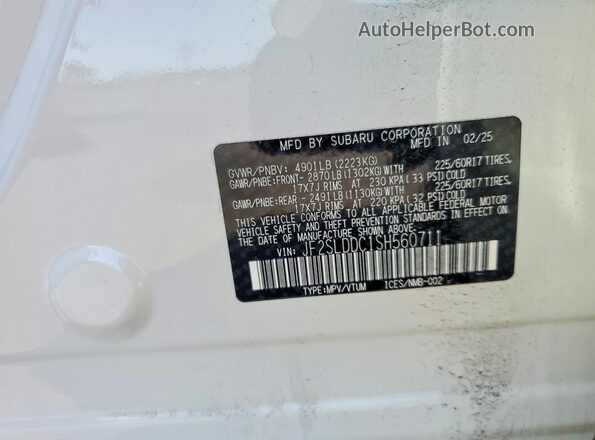 JF2SLDDC1SH560711 2025 SUBARU FORESTER White Вид наклейки з VIN-кодом