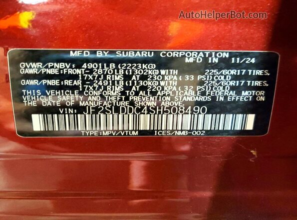 JF2SLDDC4SH508490 2025 SUBARU FORESTER Burgundy VIN sticker view