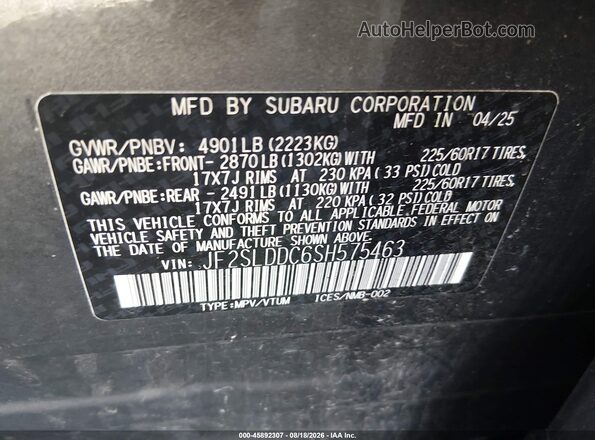 JF2SLDDC6SH575463 2025 SUBARU FORESTER Gray Շարժիչի բաժամունքի տեսք