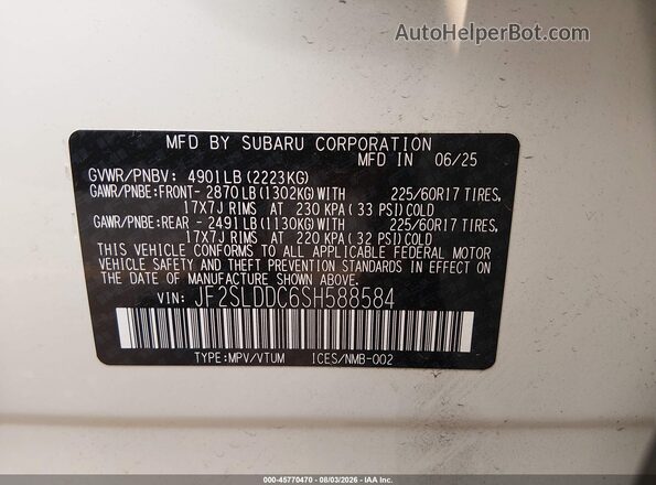 JF2SLDDC6SH588584 2025 SUBARU FORESTER White ძრავის განყოფილების ხედი