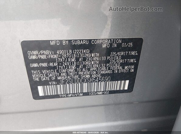 JF2SLDDCXSH545690 2025 SUBARU FORESTER Gray Vista del compartimento del motor