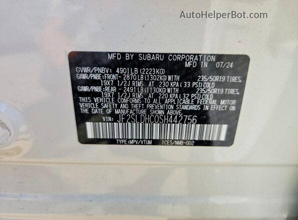 JF2SLDHC0SH442756 2025 SUBARU FORESTER White Vista de la etiqueta del VIN