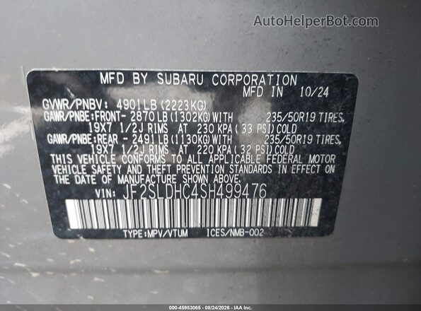 JF2SLDHC4SH499476 2025 SUBARU FORESTER Gray Вид підкапотного простору